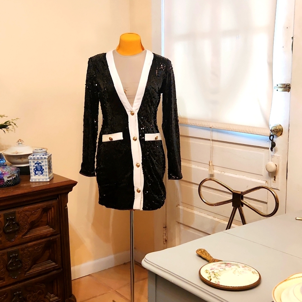 Pretty Little Thing Black Sequin Blazer Cocktail Dress, Sz 4